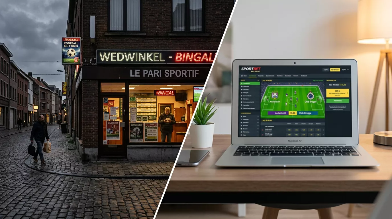 Vergelijking van online en fysiek gokken in de Belgische markt met een laptop en speelhal op de achtergrond