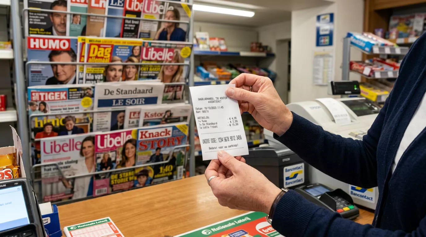 Paysafecard voucher met 16-cijferige code op een kassabon naast een krantenwinkel-toonbank