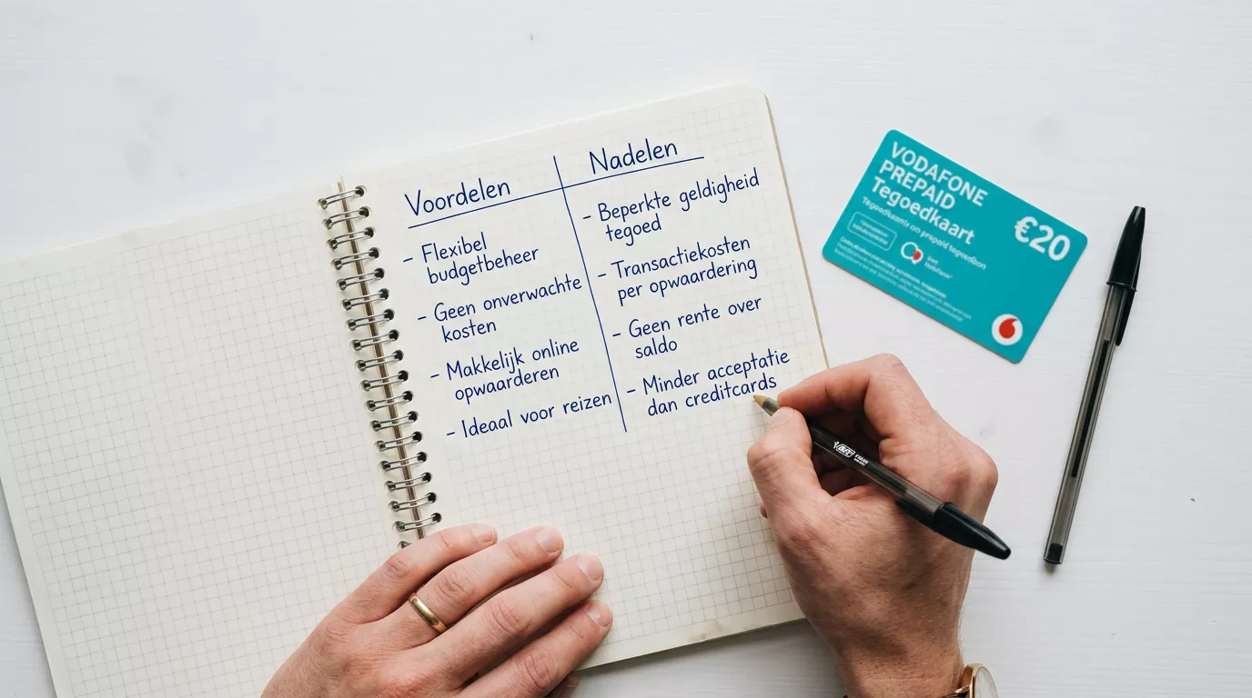 Een hand houdt een prepaid voucher vast naast een notitieboekje met een lijst van voor- en nadelen
