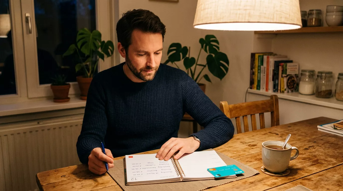 Een persoon bekijkt een weekbudget in een notitieboekje met een paysafecard-voucher van 25 euro ernaast